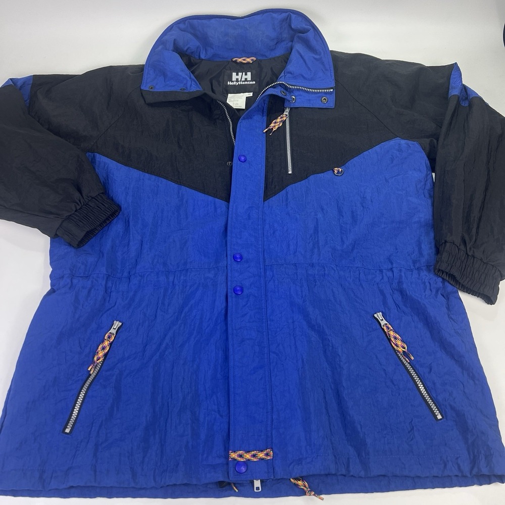 Vtg 90's Helly Hansen Sailing Jacket XL Windbreaker Blue Black Neon Cords Hood